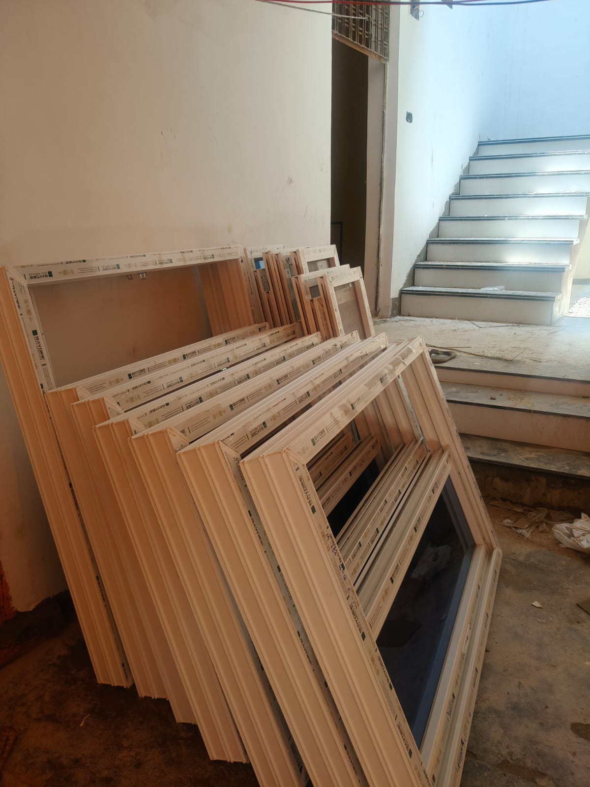 uPVC window frames ready for installation